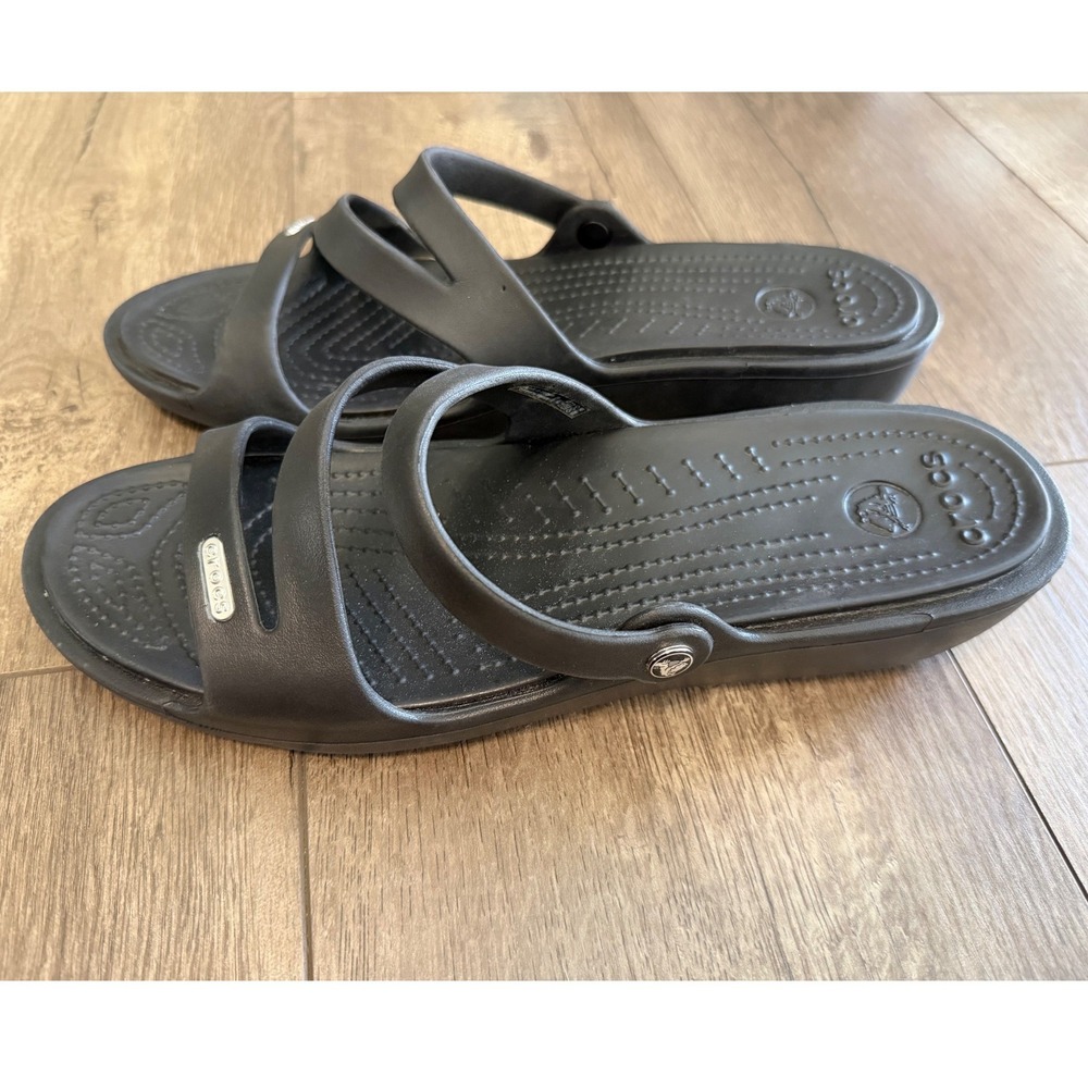 Crocs Patricia Wedge Sandals Womens Size 11 Black Strappy Comfort Shoes